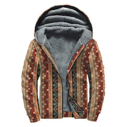 Ethnic Boho Tribal Pattern Print Sherpa Lined Zip Up Hoodie