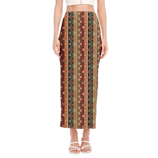 Ethnic Boho Tribal Pattern Print Side Slit Maxi Skirt
