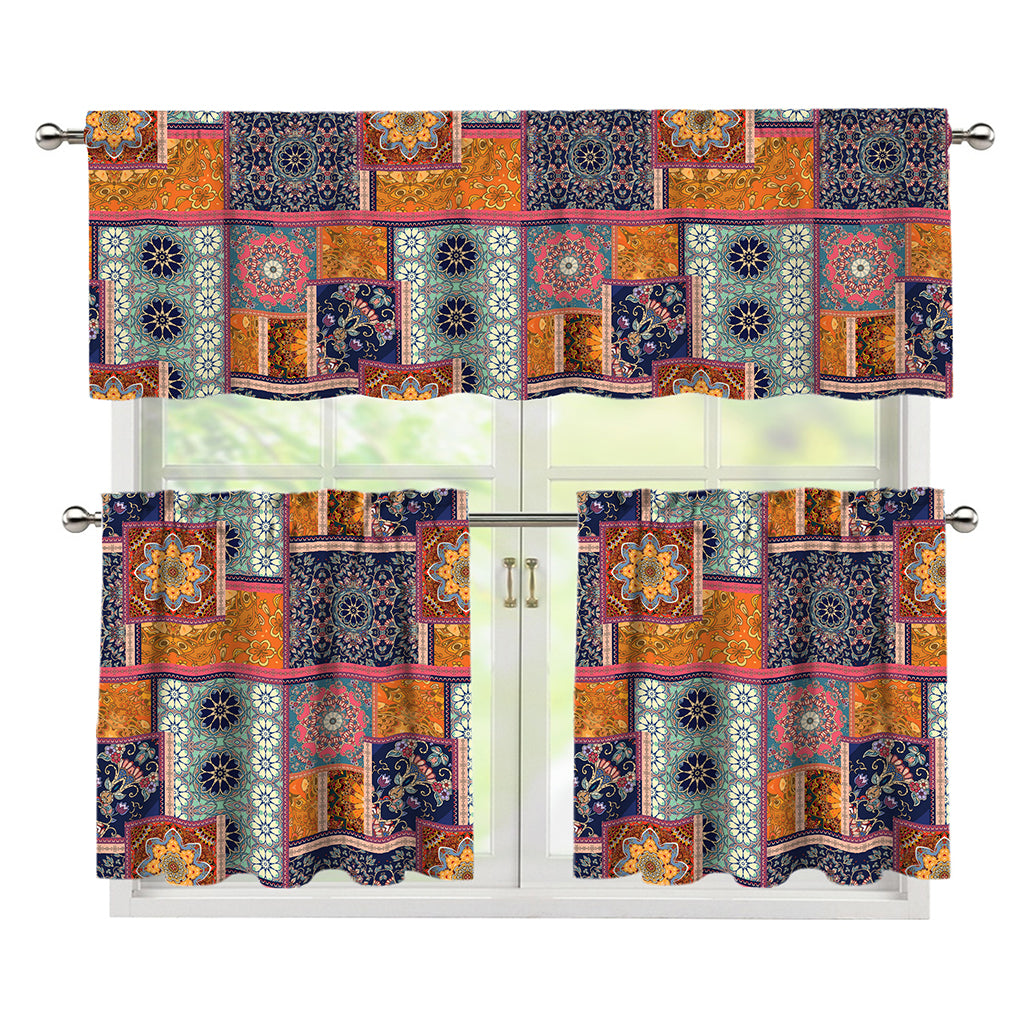 Ethnic Floral Patchwork Pattern Print 3 Piece Kitchen Curtains