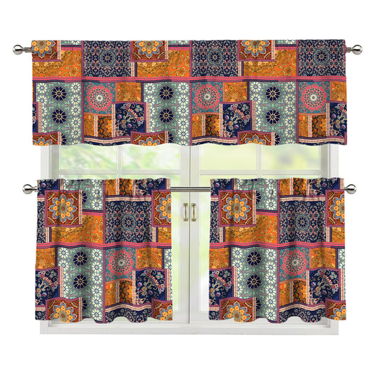 Ethnic Floral Patchwork Pattern Print 3 Piece Kitchen Curtains