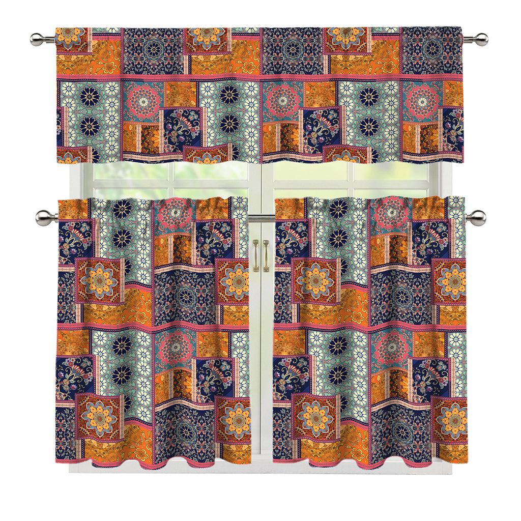 Ethnic Floral Patchwork Pattern Print 3 Piece Kitchen Curtains