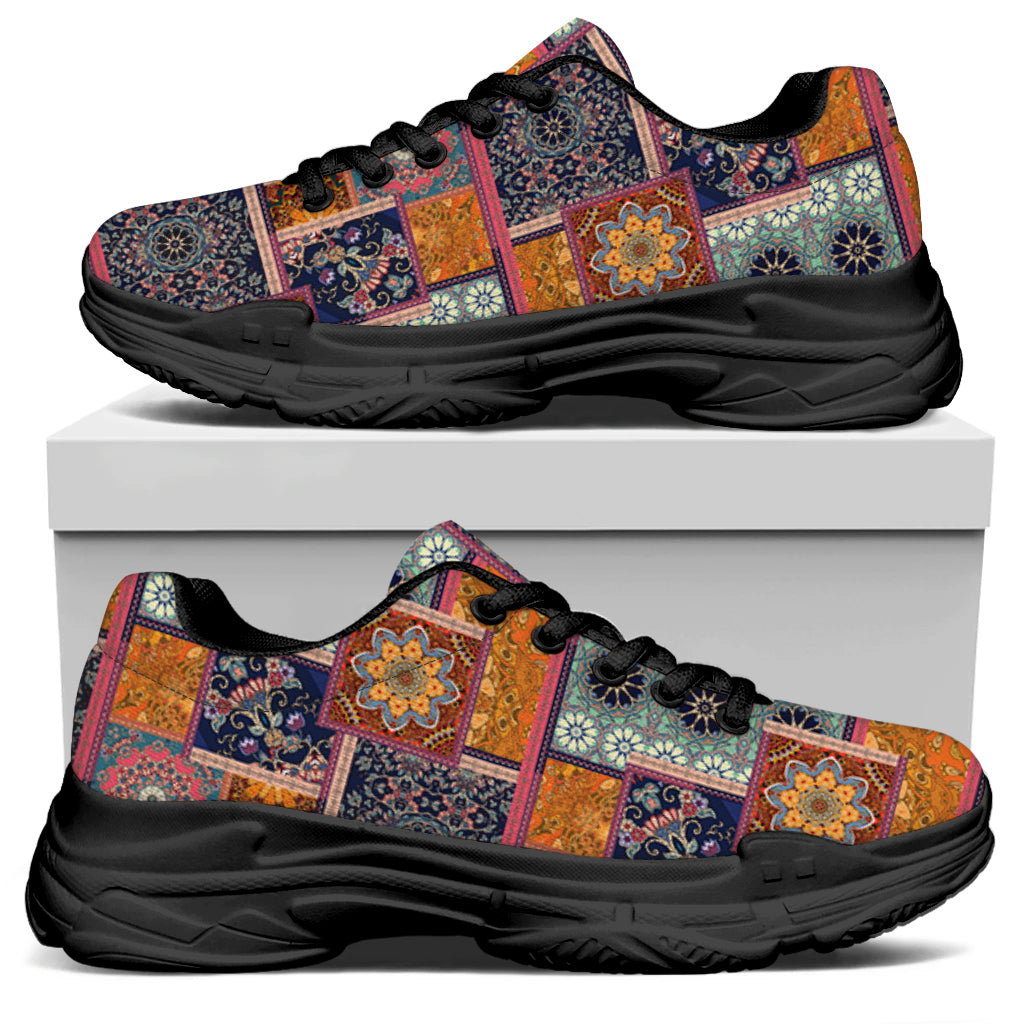 Ethnic Floral Patchwork Pattern Print Black Chunky Shoes