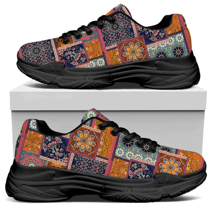 Ethnic Floral Patchwork Pattern Print Black Chunky Shoes