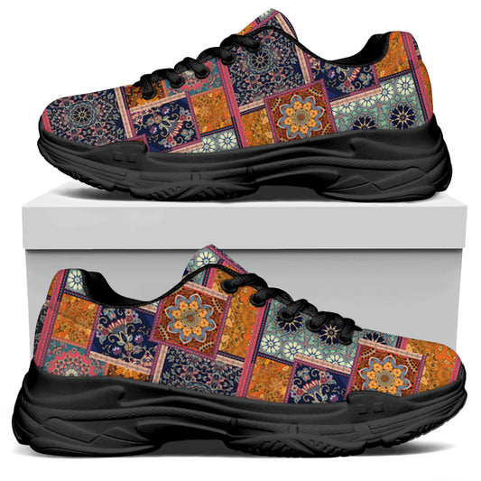 Ethnic Floral Patchwork Pattern Print Black Chunky Shoes