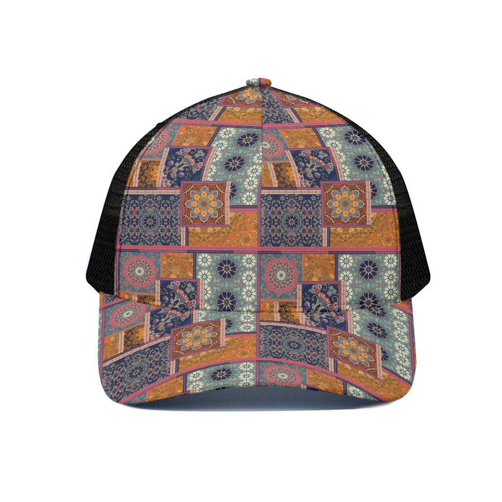 Ethnic Floral Patchwork Pattern Print Black Mesh Trucker Cap