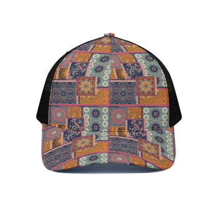 Ethnic Floral Patchwork Pattern Print Black Mesh Trucker Cap