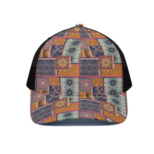 Ethnic Floral Patchwork Pattern Print Black Mesh Trucker Cap