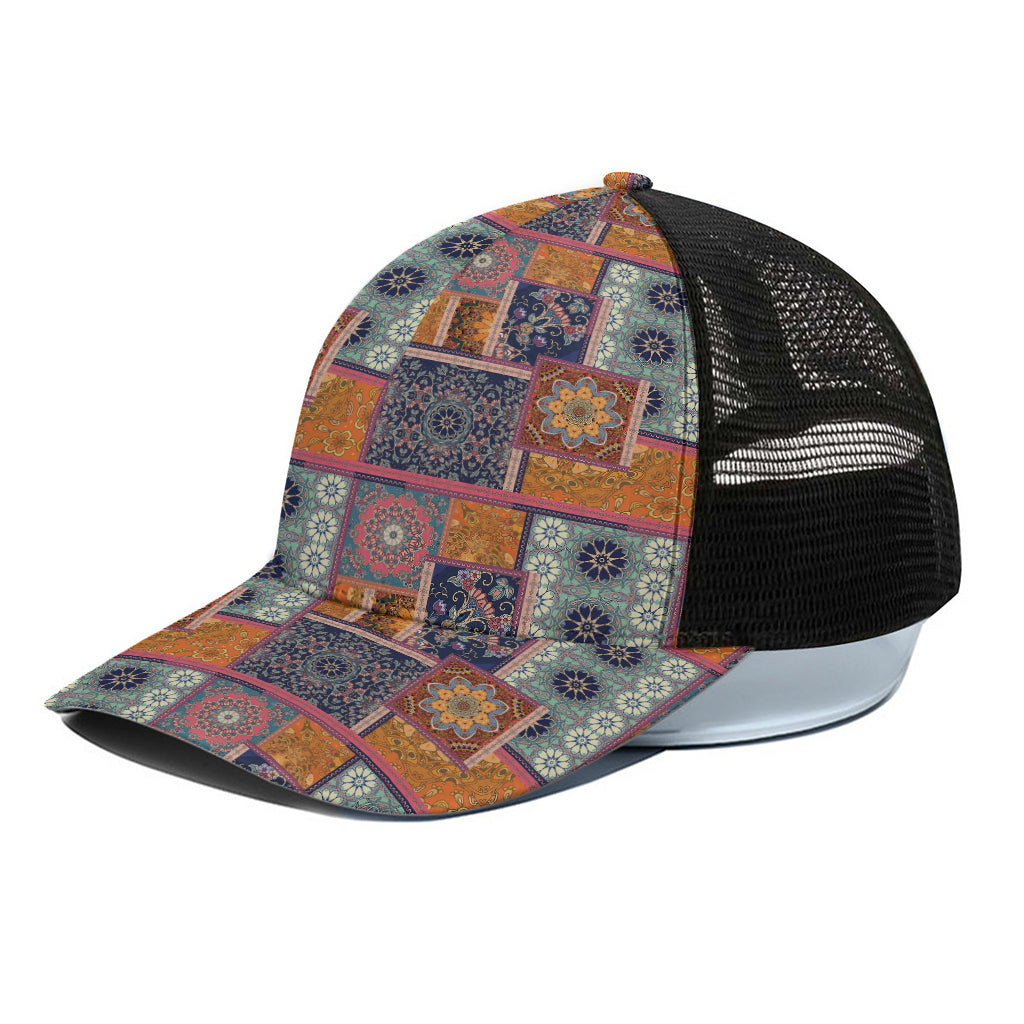 Ethnic Floral Patchwork Pattern Print Black Mesh Trucker Cap
