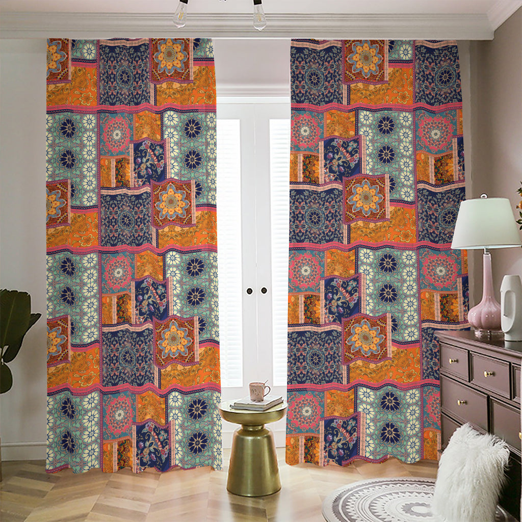 Ethnic Floral Patchwork Pattern Print Blackout Pencil Pleat Curtains