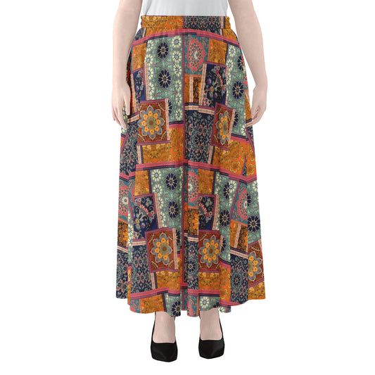 Ethnic Floral Patchwork Pattern Print Chiffon Maxi Skirt