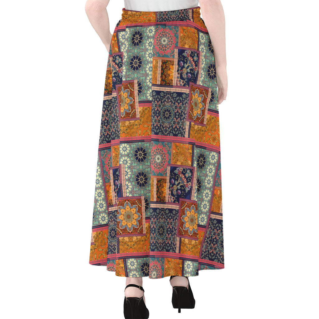 Ethnic Floral Patchwork Pattern Print Chiffon Maxi Skirt