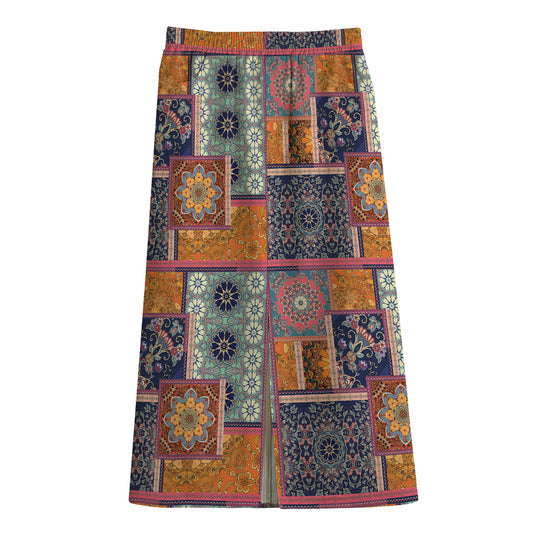 Ethnic Floral Patchwork Pattern Print Cotton Front Slit Maxi Skirt