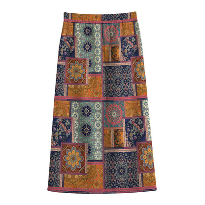 Ethnic Floral Patchwork Pattern Print Cotton Front Slit Maxi Skirt
