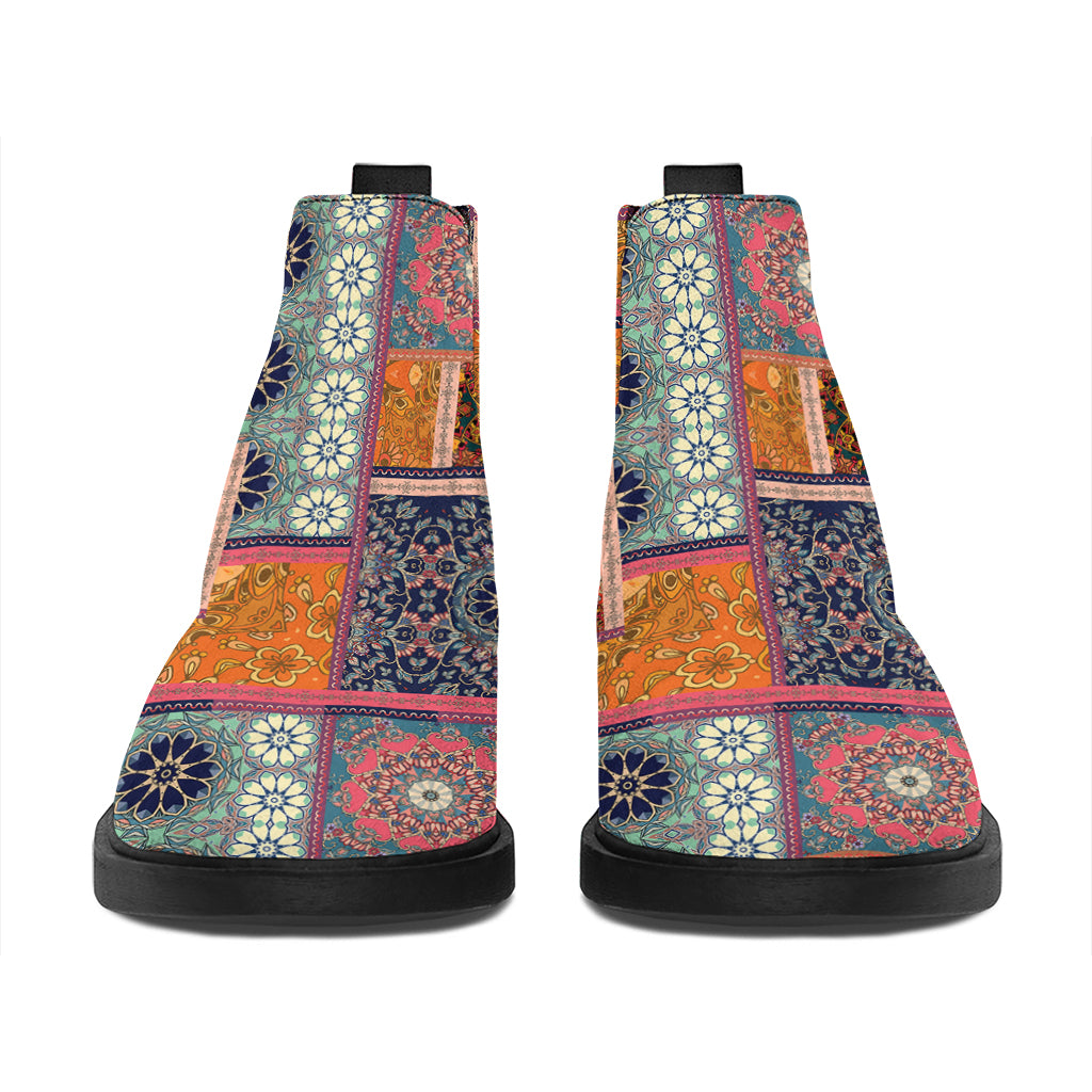 Ethnic Floral Patchwork Pattern Print Flat Ankle Boots