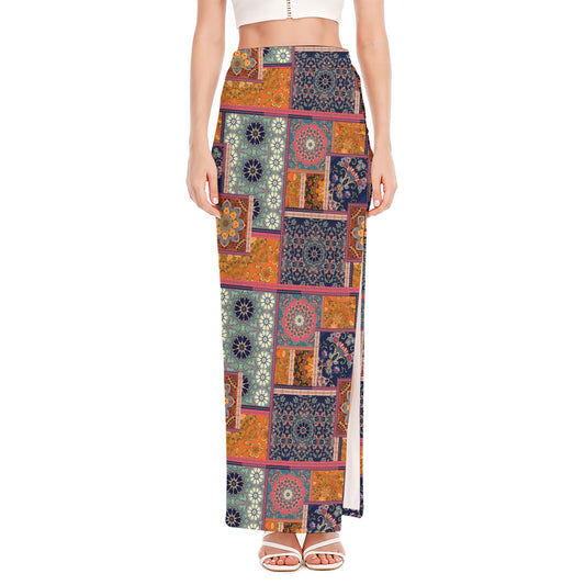 Ethnic Floral Patchwork Pattern Print High Slit Maxi Skirt