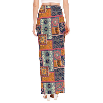 Ethnic Floral Patchwork Pattern Print High Slit Maxi Skirt