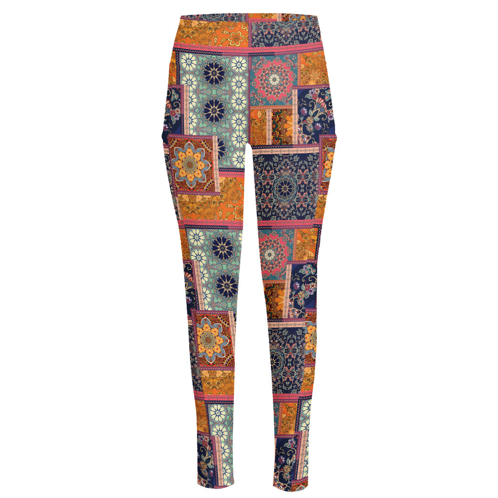 Ethnic Floral Patchwork Pattern Print High-Waisted Pocket Leggings