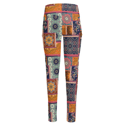Ethnic Floral Patchwork Pattern Print High-Waisted Pocket Leggings