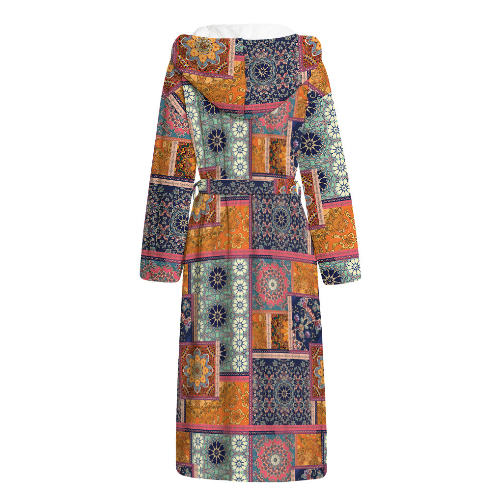 Ethnic Floral Patchwork Pattern Print Hooded Bathrobe