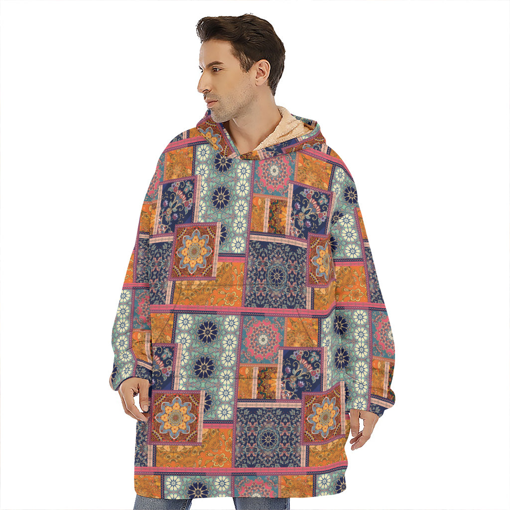 Ethnic Floral Patchwork Pattern Print Hoodie Blanket