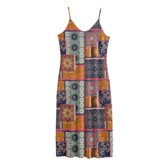 Ethnic Floral Patchwork Pattern Print Jersey Midi Cami Dress