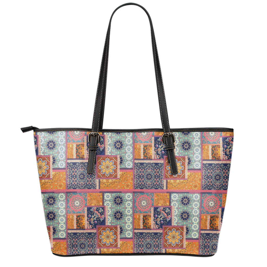 Ethnic Floral Patchwork Pattern Print Leather Tote Bag