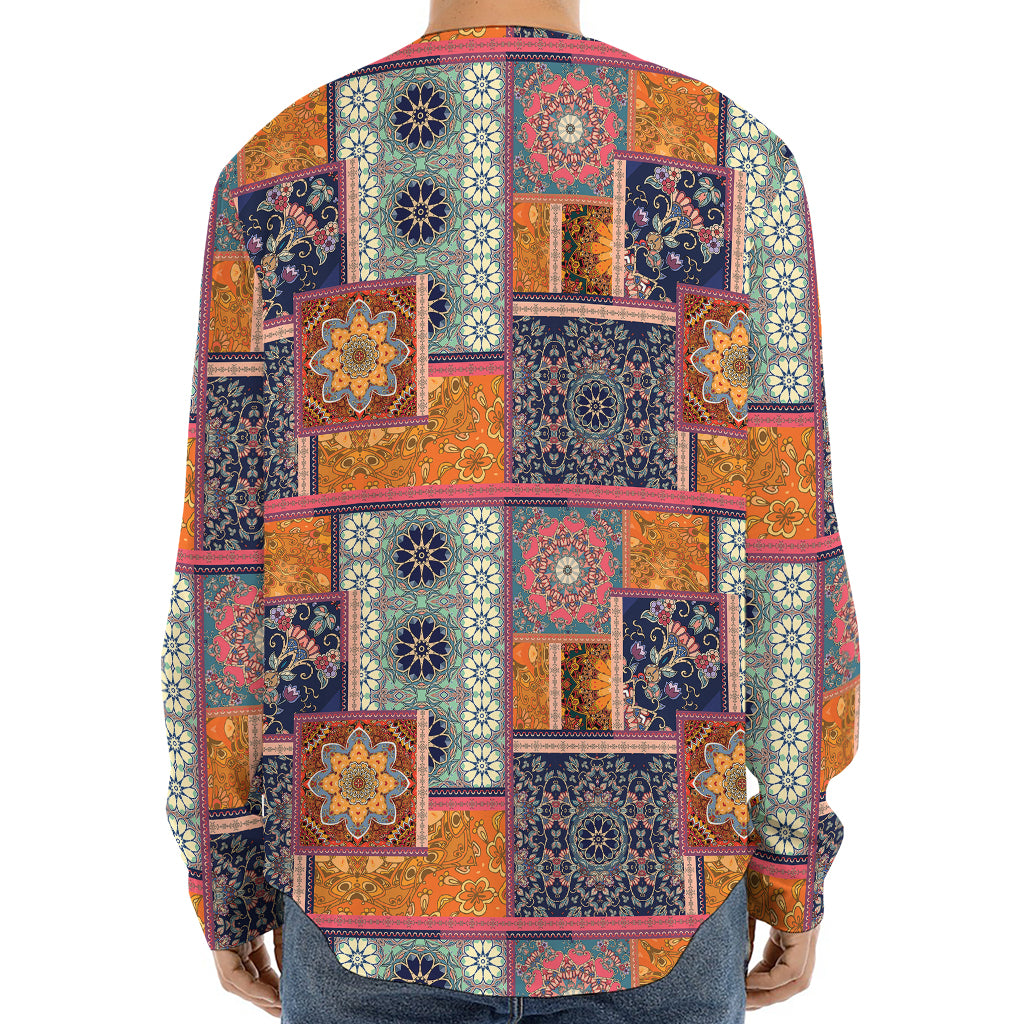 Ethnic Floral Patchwork Pattern Print Long Sleeve Baseball Jersey