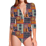 Ethnic Floral Patchwork Pattern Print Long Sleeve Swimsuit