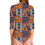 Ethnic Floral Patchwork Pattern Print Long Sleeve Swimsuit