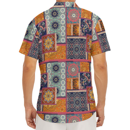 Ethnic Floral Patchwork Pattern Print Men's Deep V-Neck Shirt