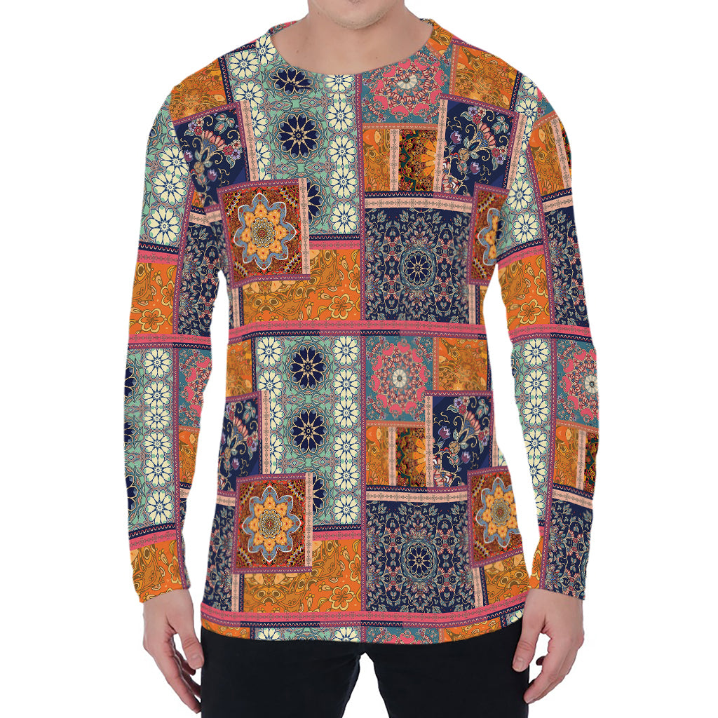 Ethnic Floral Patchwork Pattern Print Men's Long Sleeve T-Shirt