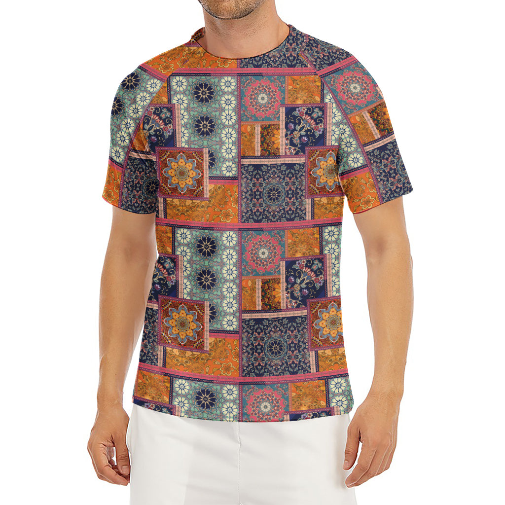 Ethnic Floral Patchwork Pattern Print Men's Short Sleeve Rash Guard