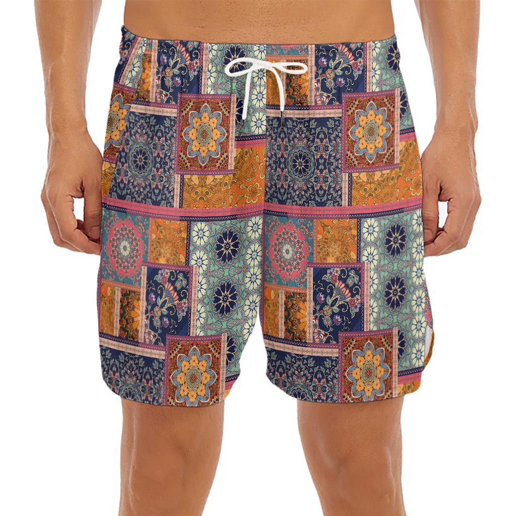 Ethnic Floral Patchwork Pattern Print Men's Split Running Shorts