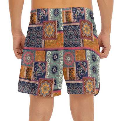 Ethnic Floral Patchwork Pattern Print Men's Split Running Shorts