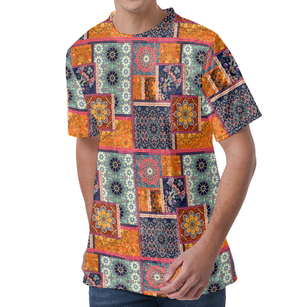 Ethnic Floral Patchwork Pattern Print Men's Velvet T-Shirt