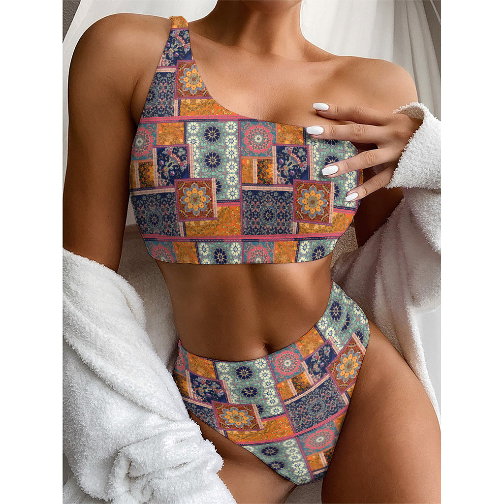 Ethnic Floral Patchwork Pattern Print One Shoulder Bikini Top