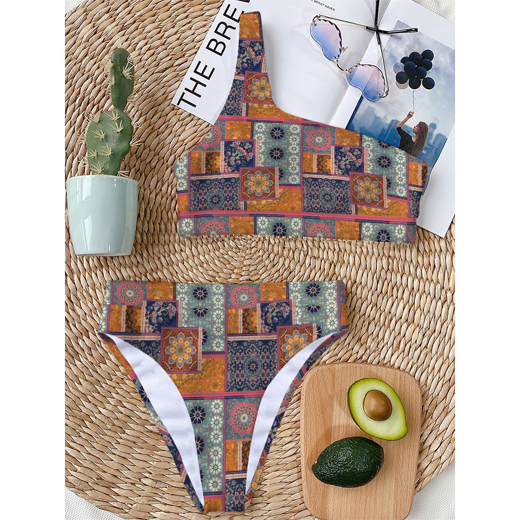 Ethnic Floral Patchwork Pattern Print One Shoulder Bikini Top