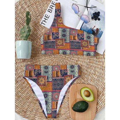 Ethnic Floral Patchwork Pattern Print One Shoulder Bikini Top
