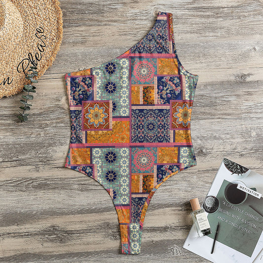 Ethnic Floral Patchwork Pattern Print One Shoulder Bodysuit