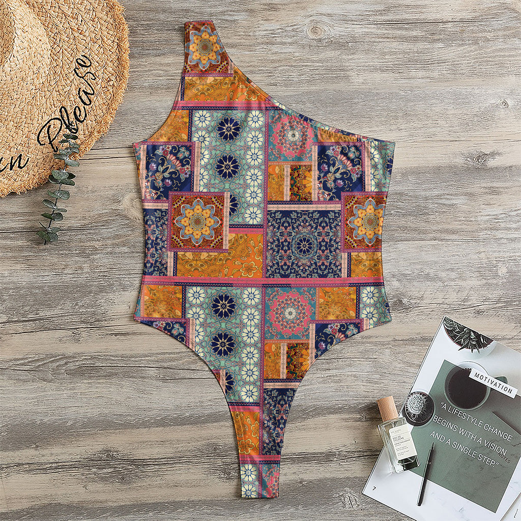Ethnic Floral Patchwork Pattern Print One Shoulder Bodysuit