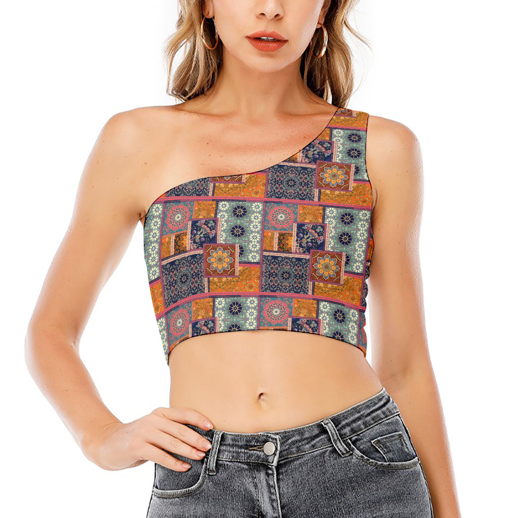 Ethnic Floral Patchwork Pattern Print One Shoulder Crop Top