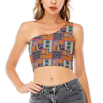 Ethnic Floral Patchwork Pattern Print One Shoulder Crop Top