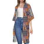 Ethnic Floral Patchwork Pattern Print Open Front Beach Cover Up