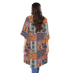 Ethnic Floral Patchwork Pattern Print Open Front Beach Cover Up