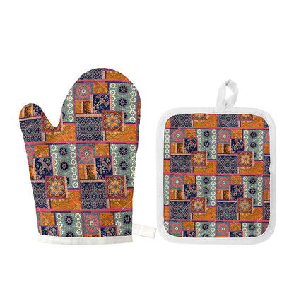 Ethnic Floral Patchwork Pattern Print Oven Mitt And Pot Holder Set