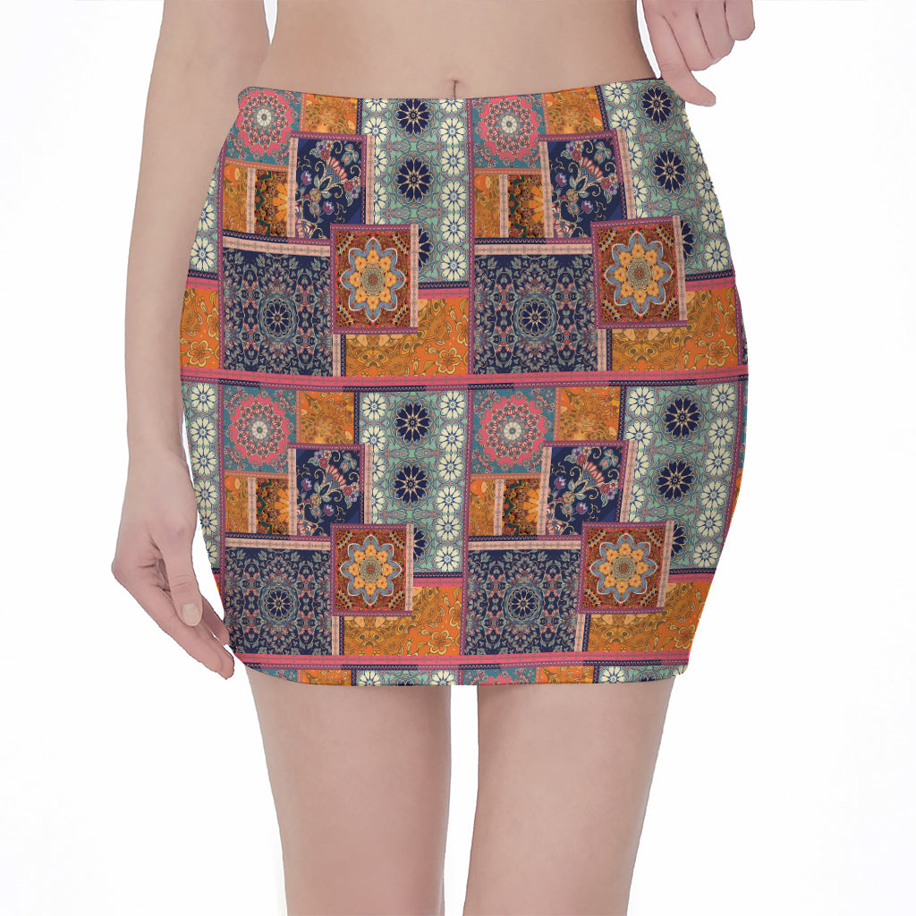 Ethnic Floral Patchwork Pattern Print Pencil Mini Skirt