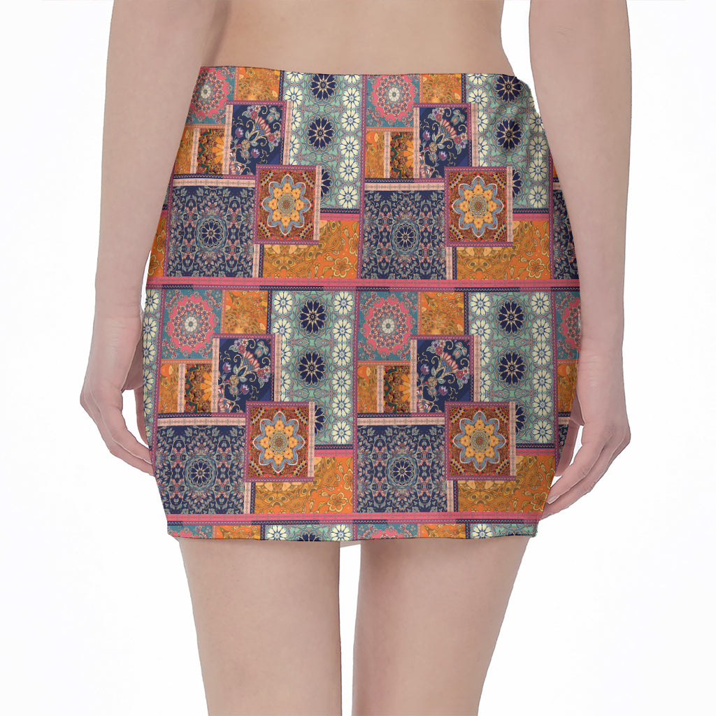 Ethnic Floral Patchwork Pattern Print Pencil Mini Skirt