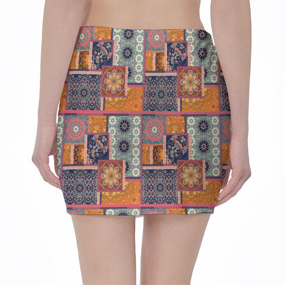 Ethnic Floral Patchwork Pattern Print Pencil Mini Skirt