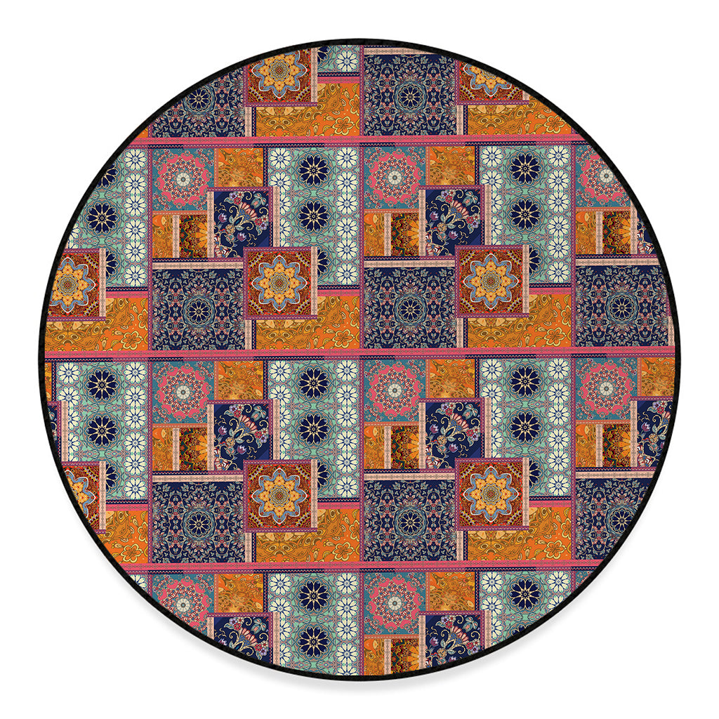 Ethnic Floral Patchwork Pattern Print Round Floor Mat