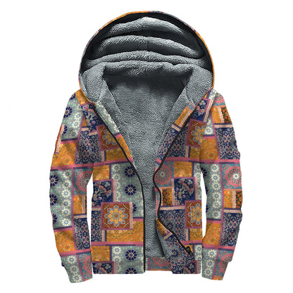 Ethnic Floral Patchwork Pattern Print Sherpa Lined Zip Up Hoodie